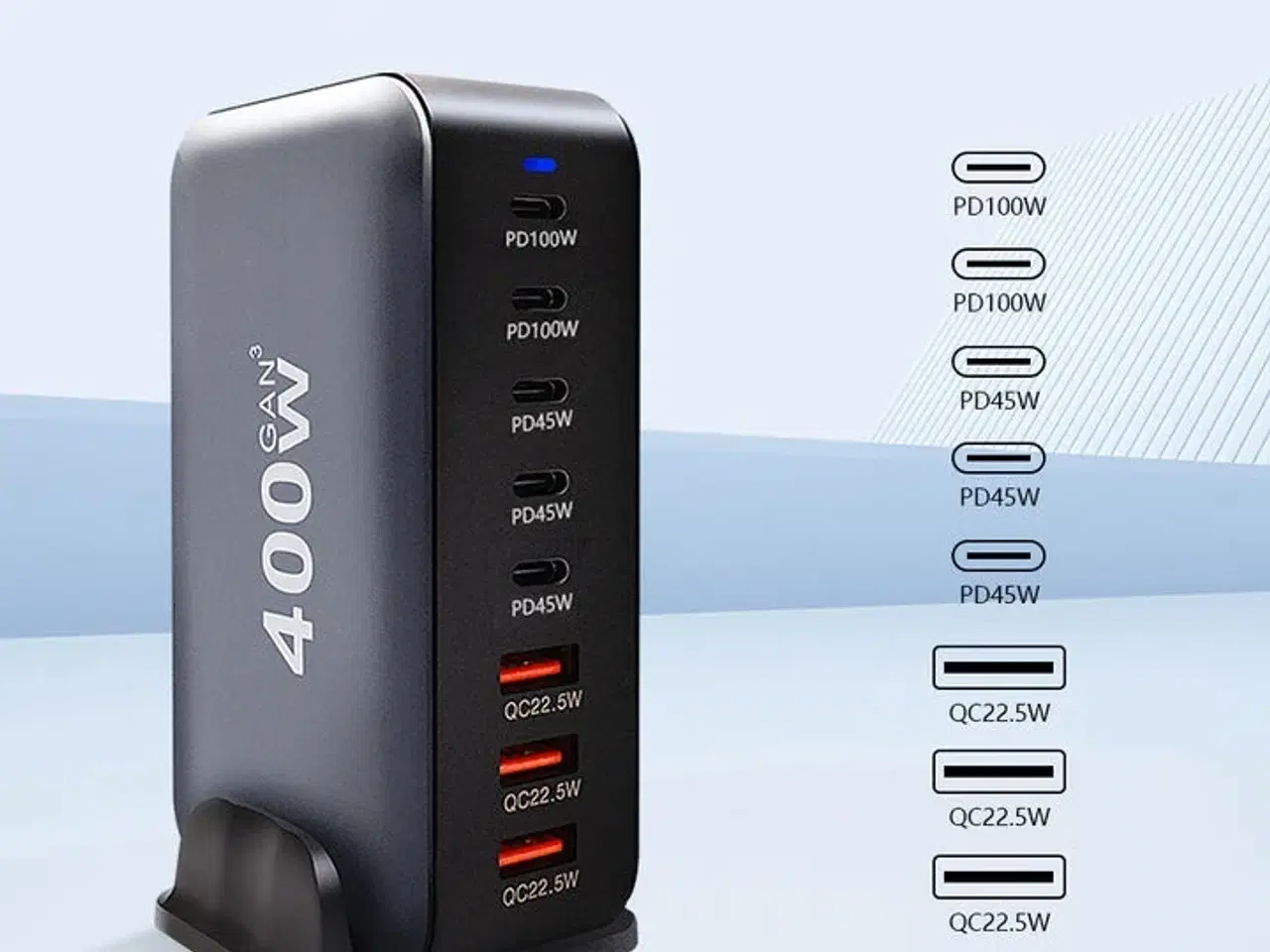 Billede 3 - Ladestation GaN 400W – 8 porte (USB-C & USB-A) – Hurtig opladning til mobil og bærbar computer