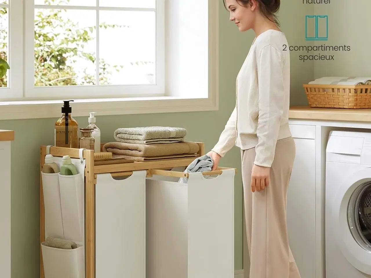 Billede 6 - Vasketøjskurv med 2 rum bambus, 100 l med hylde og sidelommer, cremehvid 63 × 33 × 78 cm