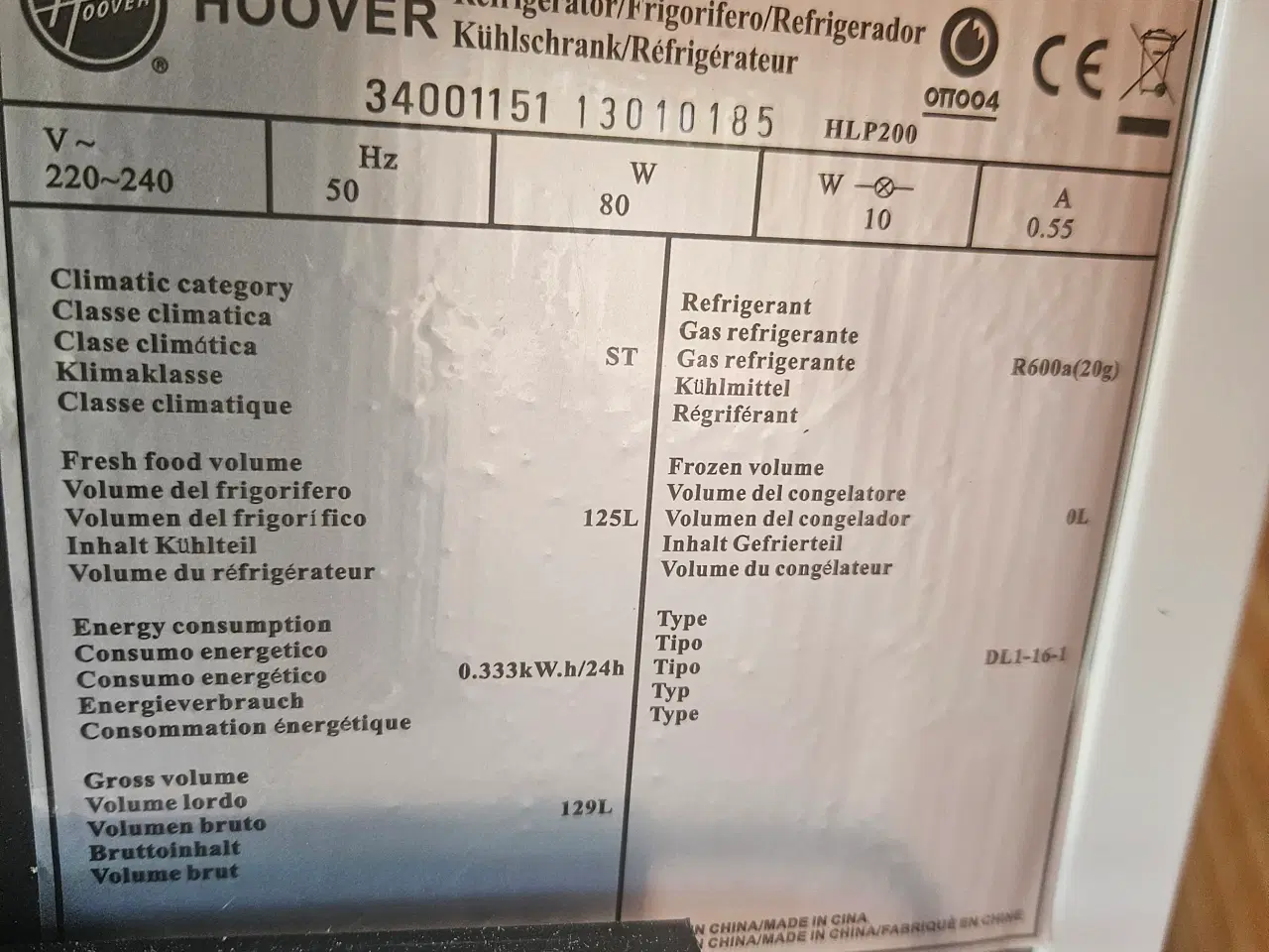 Billede 2 - HOOVER køleskab – 125 liter – Fritstående