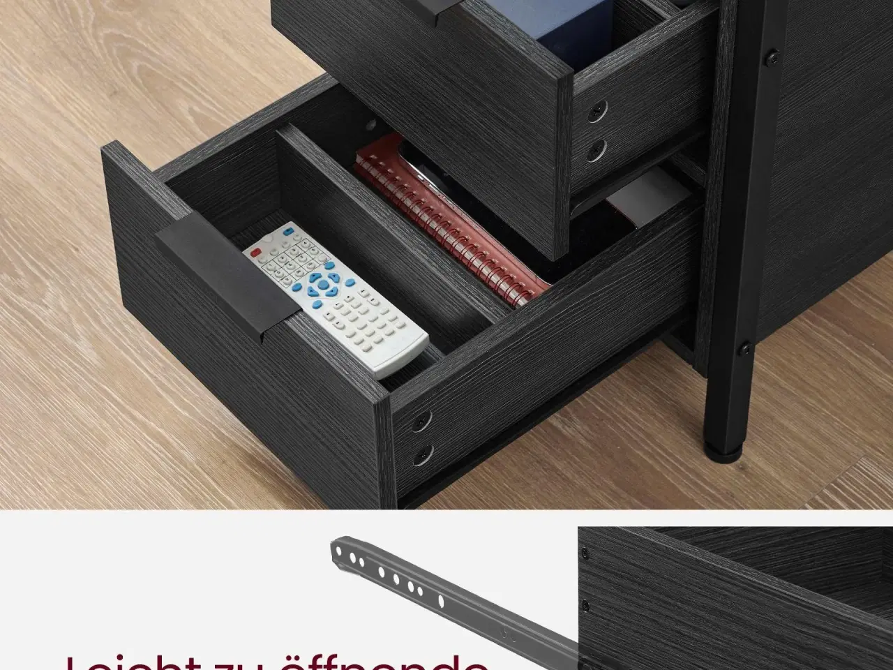 Billede 6 - Sengebord med stikdåse 2 skuffer, smalt sidebord/sofabord, antracitgrå/klassisk sort