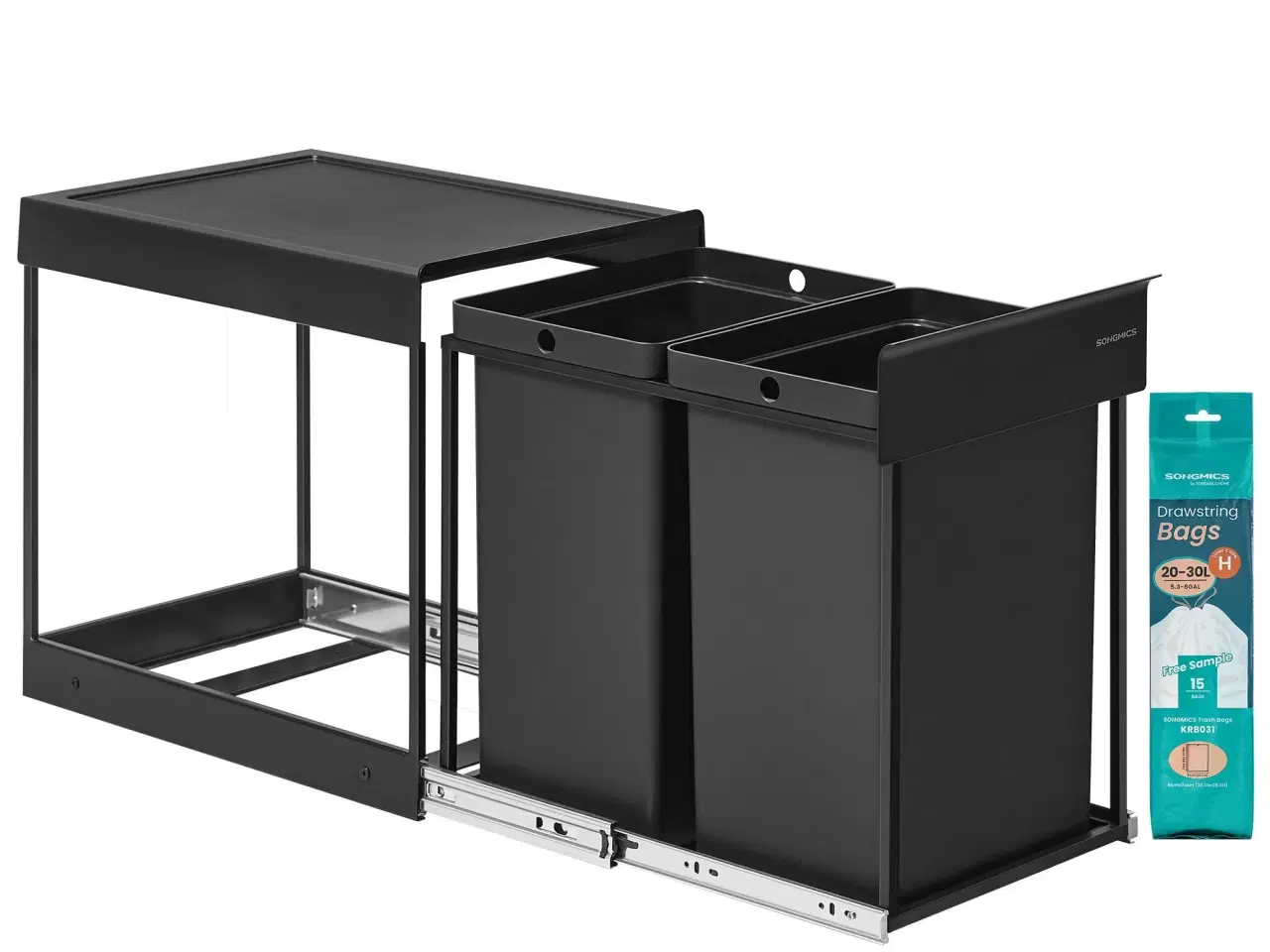 Billede 1 - Indbygget skraldespand til køkkenskab – 2 x 20 l, udtræk, stålramme, ABS-låg, ink black (LTB951B01)