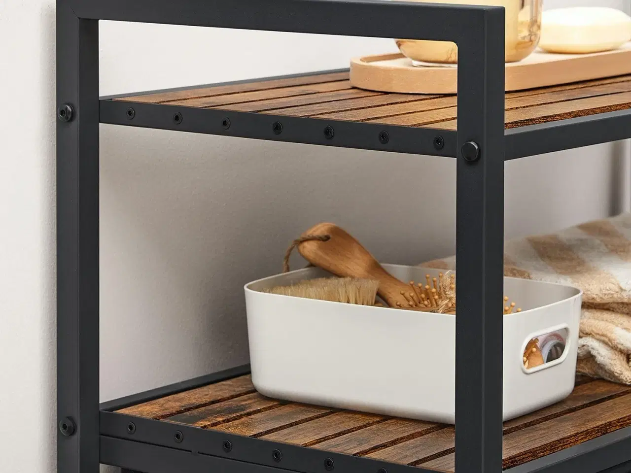 Billede 6 - Vasketøjskurv med hylder dobbelt vasketøjssorterer, 2 udtagelige poser á 46 l, 2 opbevaringshylder, rustik brun/sort