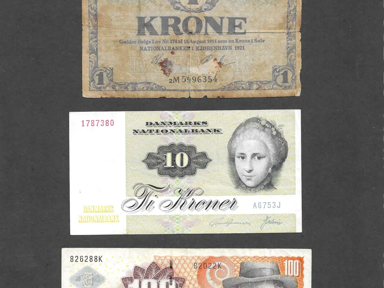 Billede 1 - 1 kr.- 10 kr. - 100 kr. danske sedler