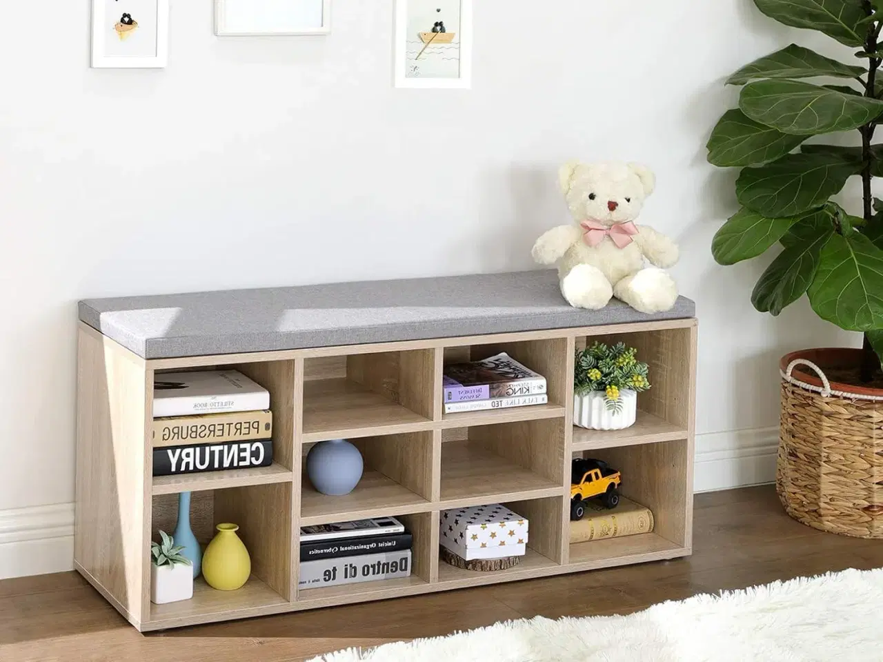 Billede 2 - Skobænk med opbevaring – VASAGLE, 10 rum, med pude, eg, 104 × 30 × 48 cm