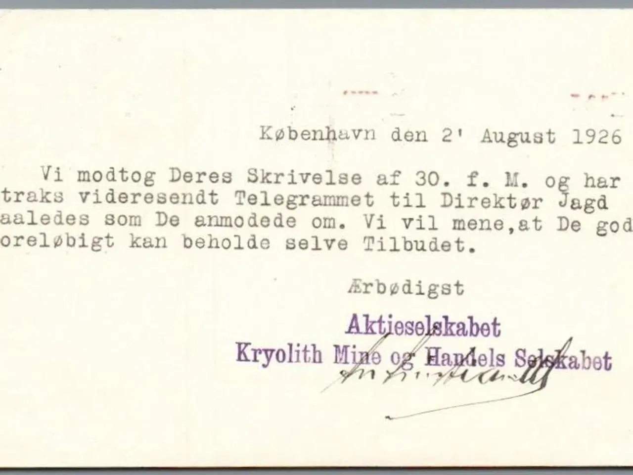 Billede 1 - Aktieselskabet Kryolit Mine og Handels Selskabet   - Postkort - Brugt