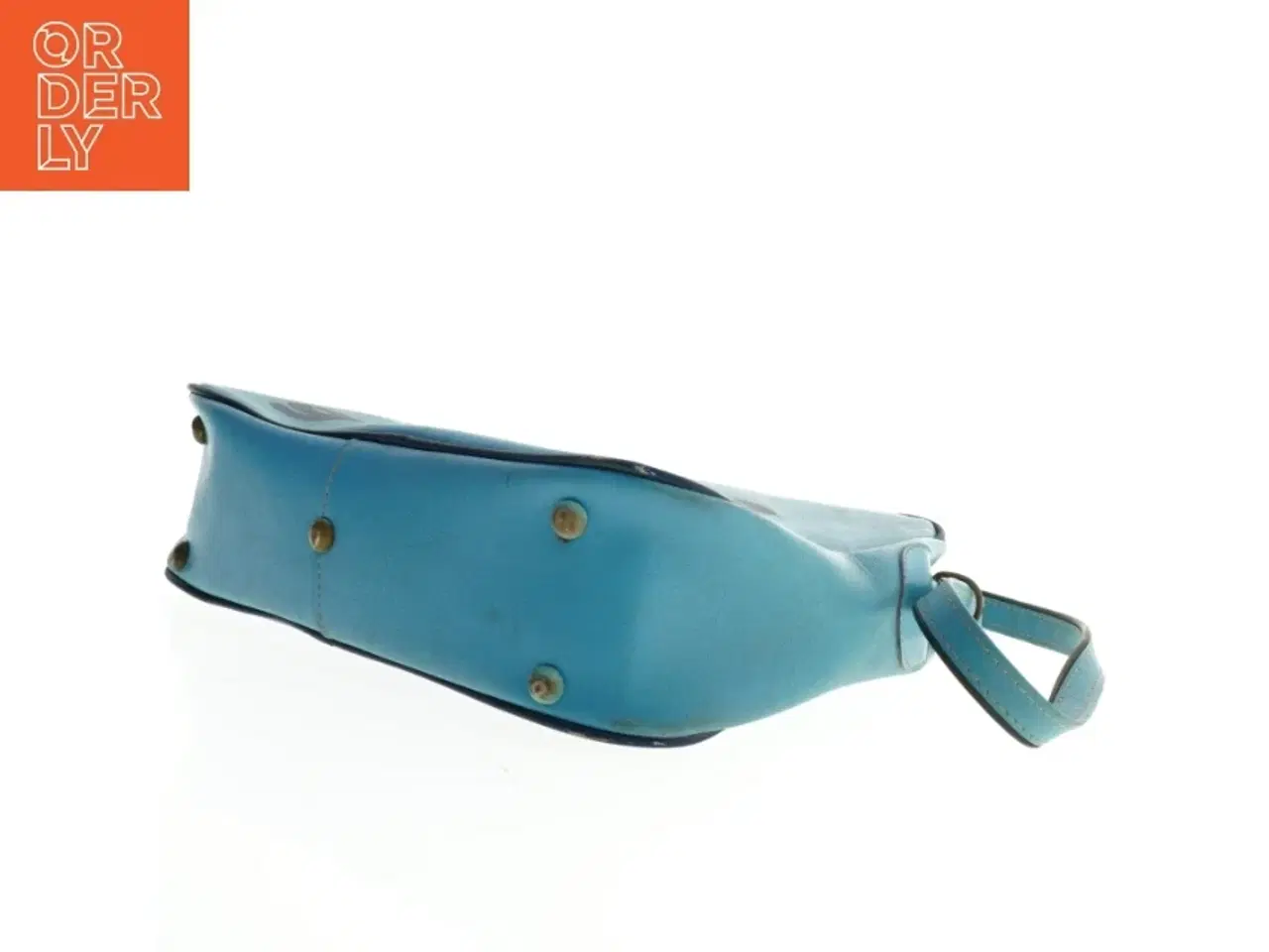 Billede 4 - Blå skuldertaske med tekst 'gå glad i bad' (str. 40 x 28 x 10 cm)