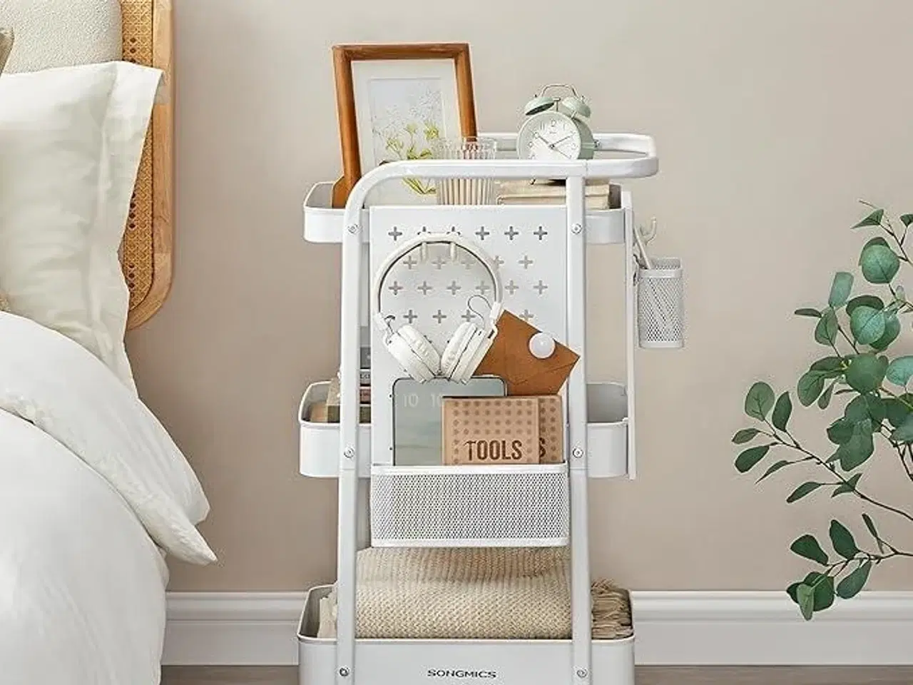 Billede 3 - Rullebord med 3 hylder metalnet, aftagelige hulplader, hængekurve og kroge, Cloud White