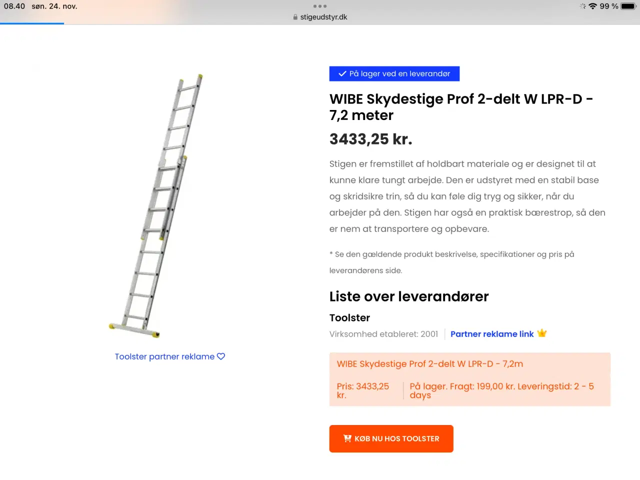 Billede 1 - 7,2 meter alu skydestige.