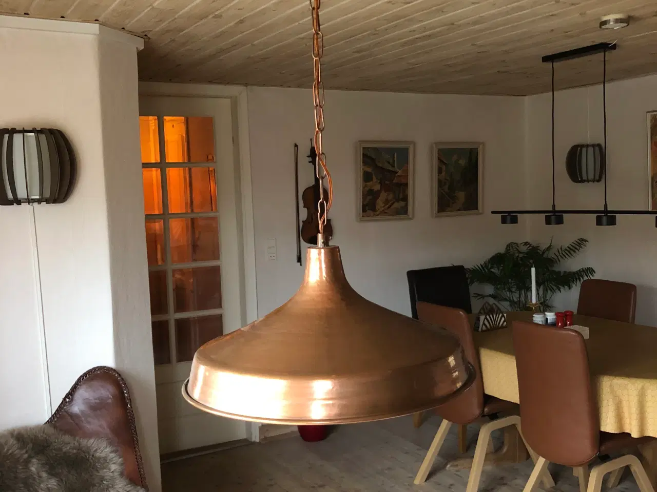 Billede 1 - Kobber spisebords lampe og kobber brænde spand