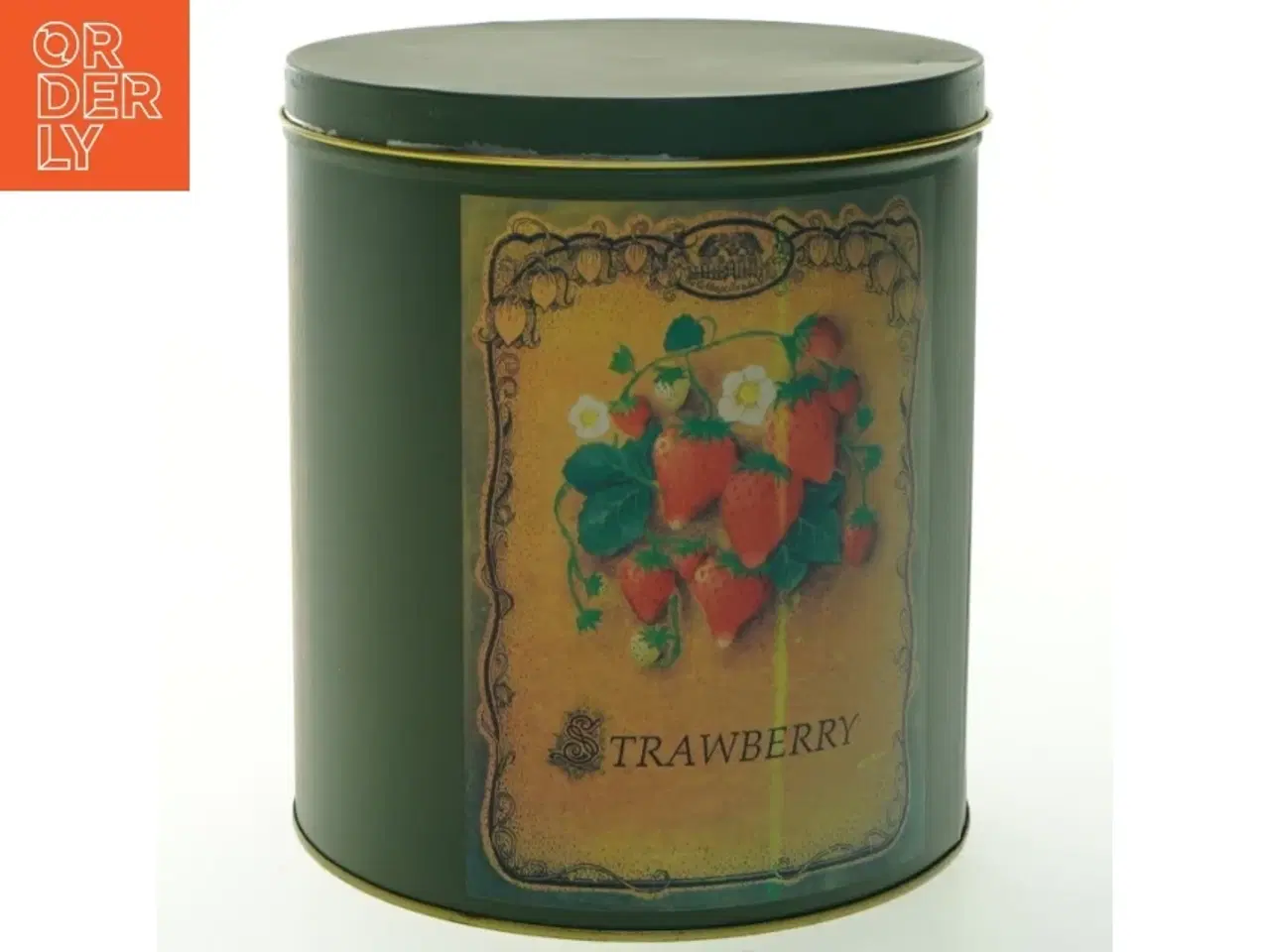Billede 1 - Metaldåse med jordbærmotiv (str. Ø. 17 cm. længde. 20 cm)