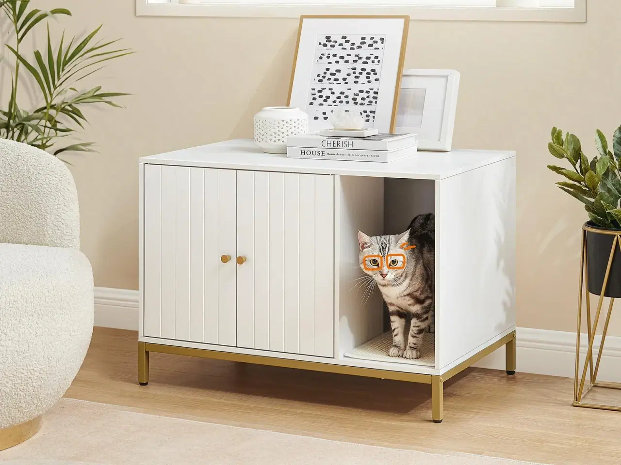Billede 4 - Kattebakke skab – FEANDREA skjult kattemøbel med kradsemåtte, høje ben, sidebord, 80 × 50 × 55 cm, hvid/guld