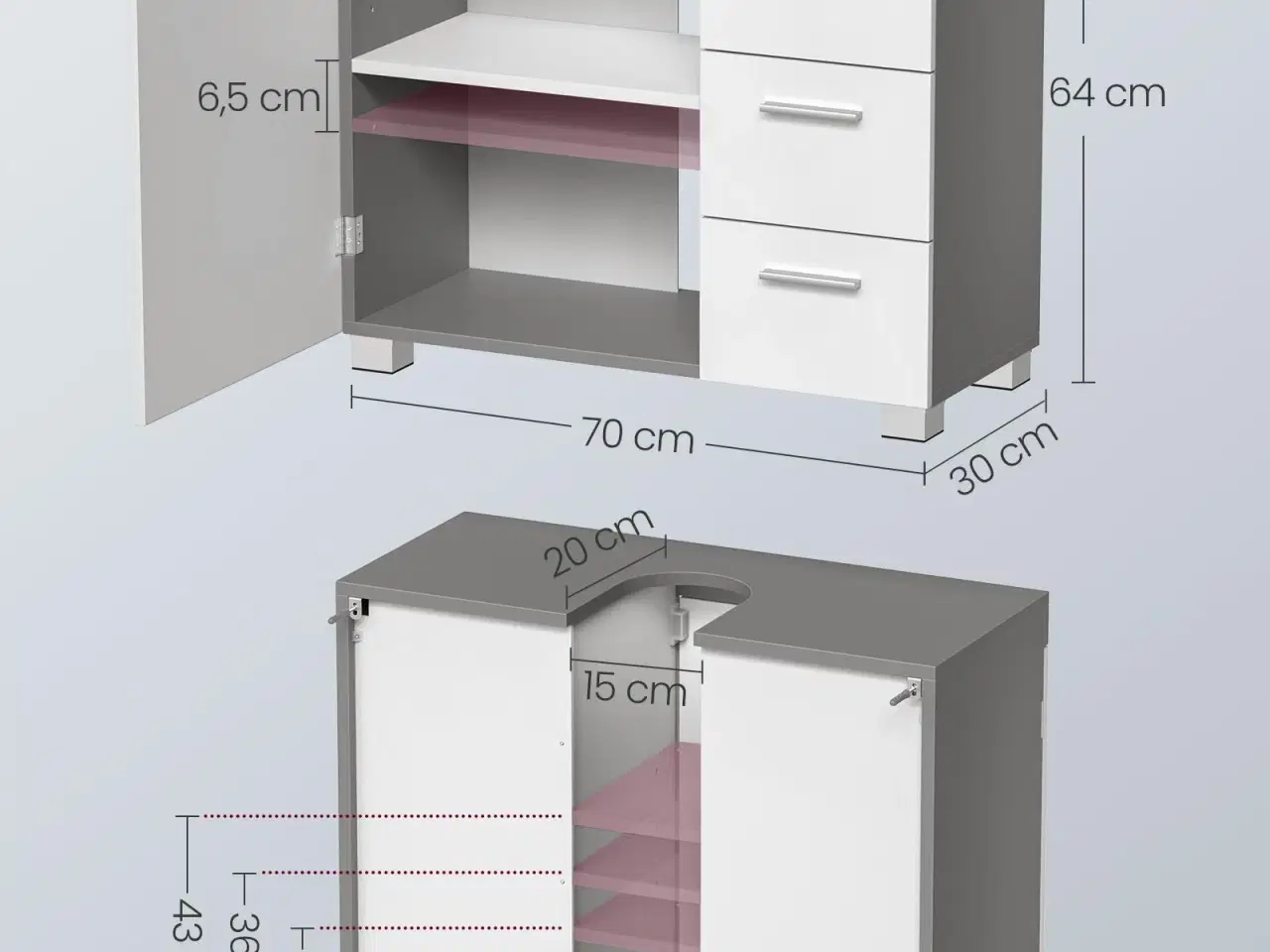 Billede 7 - Badeværelsesunderskab 3 store skuffer, 30 × 70 × 64 cm, 2 rum bag låge, med ben, skyhvid/cementgrå