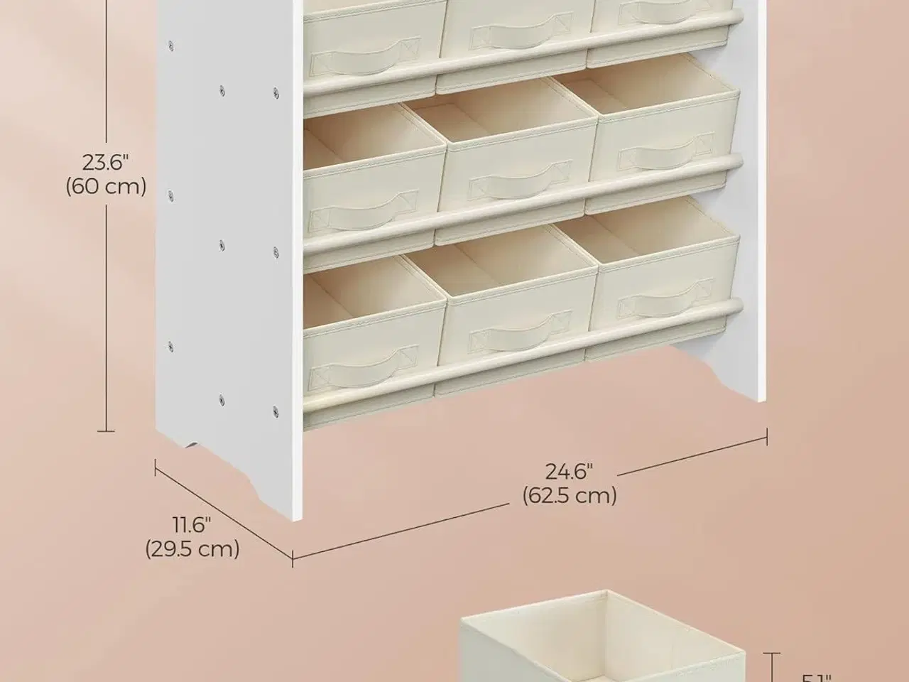 Billede 2 - Legetøjsreol med stofkasser 3 niveauer, 9 kasser, Cloud White, 29,5 × 62,5 × 60 cm
