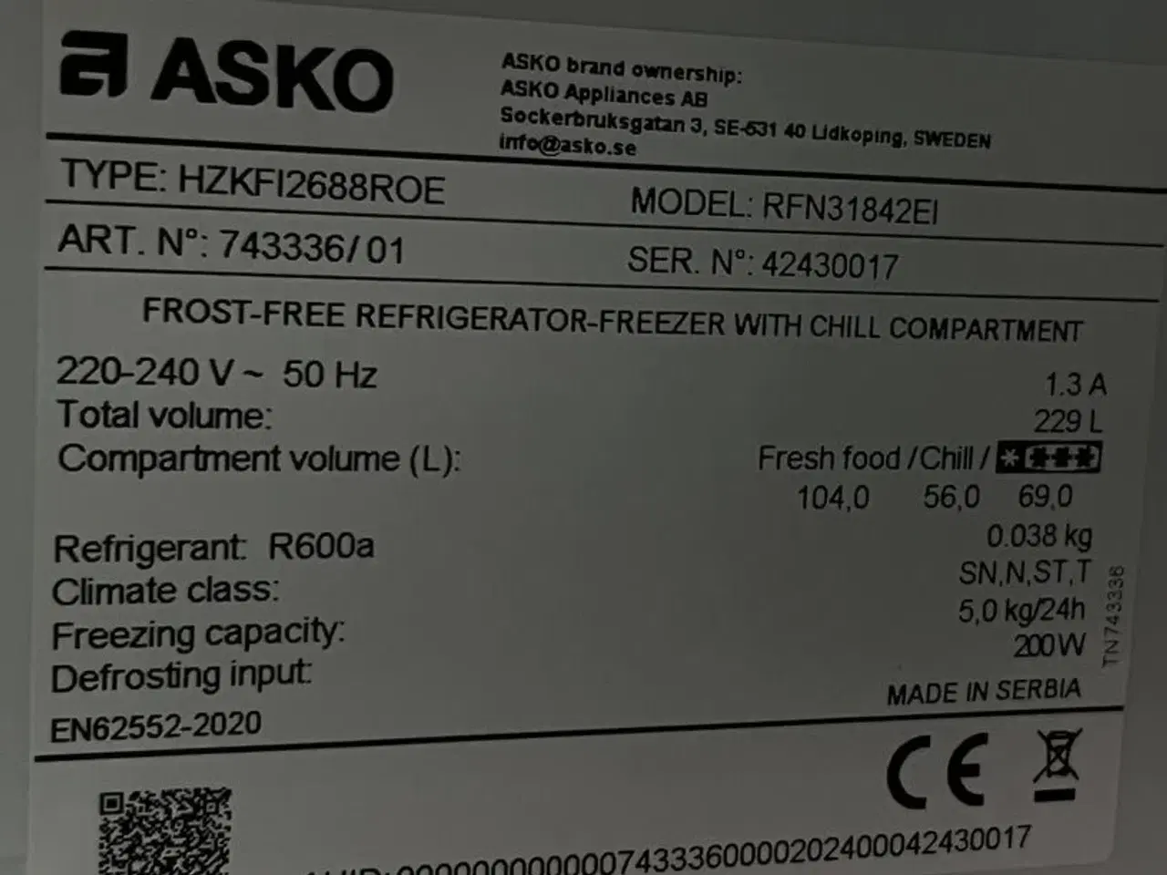 Billede 7 - Køle-/fryseskab  ASKO RFN31842EI