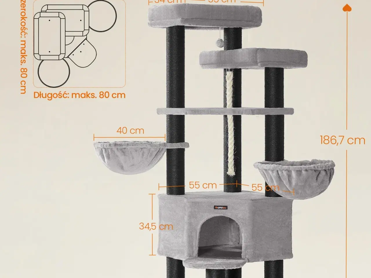 Billede 5 - Feandrea stort kattetræ XXL – multietagers kradsetræ 55 × 55 × 186,7 cm, grå/sort (PCT008G02)