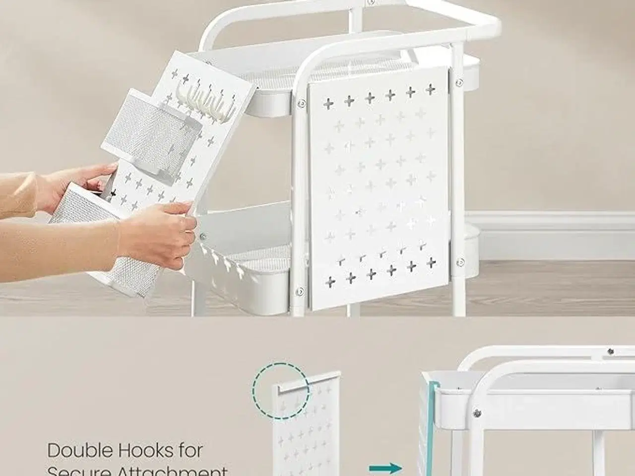 Billede 4 - Rullebord med 3 hylder metalnet, aftagelige hulplader, hængekurve og kroge, Cloud White