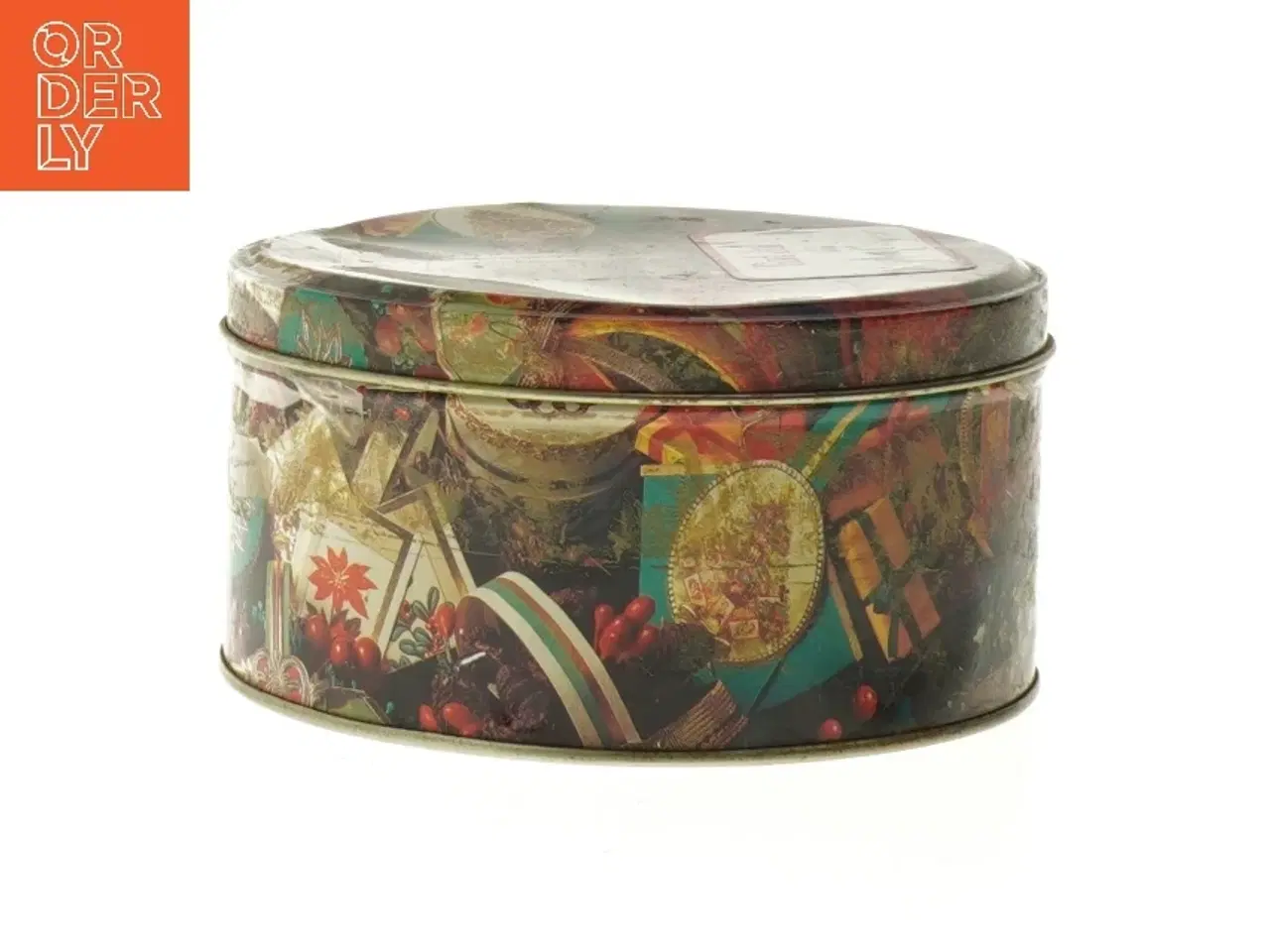 Billede 1 - Dåse med julemotiv (str. Ø 14 cm højde 7 cm)