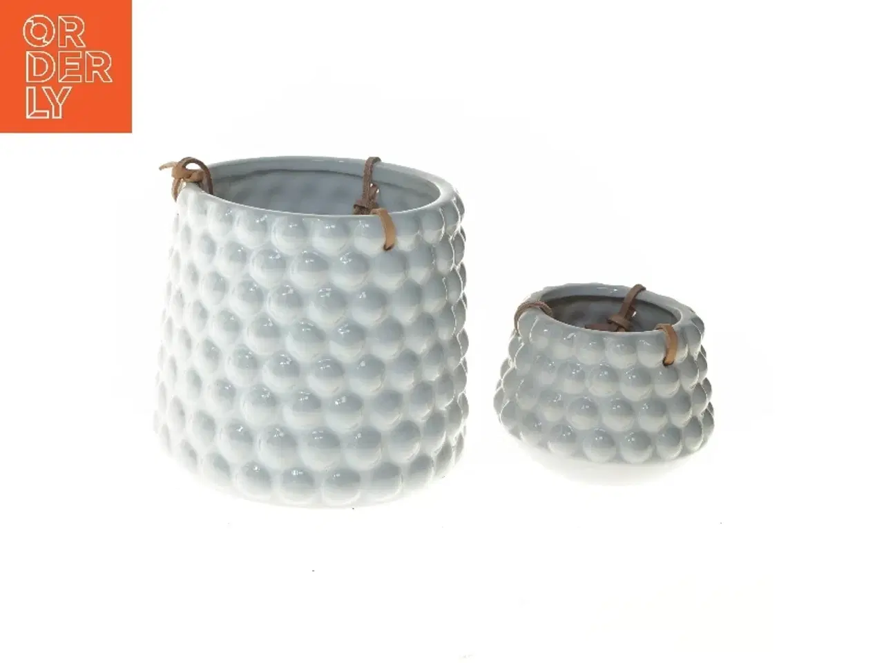 Billede 1 - Keramiske vaser med læderhåndtag (str. 2 stk Ø 10 & 15,5 cm)