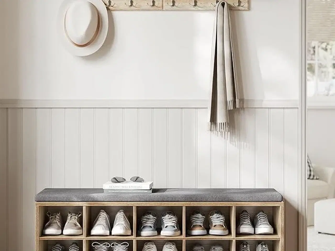 Billede 3 - Skobænk med opbevaring 15 rum, hynde, eg med blå årer/grå, 30 × 105 × 48 cm