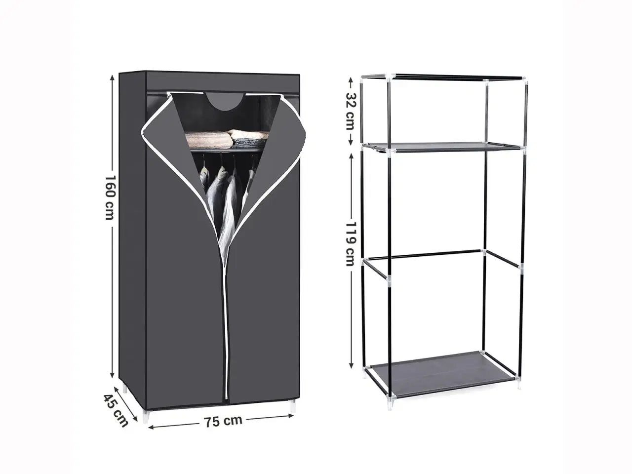 Billede 6 - Stofgarderobe – sammenklappeligt tøjskab med bøjlestang, 75 × 45 × 160 cm, grå