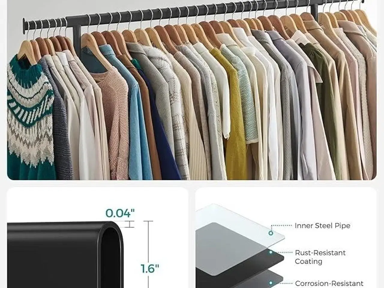 Billede 3 - Tøjstativ med hjul kraftigt, udtrækkelig bøjlestang, 130 kg bæreevne, 45 × (110–150) × 163 cm, mat sort