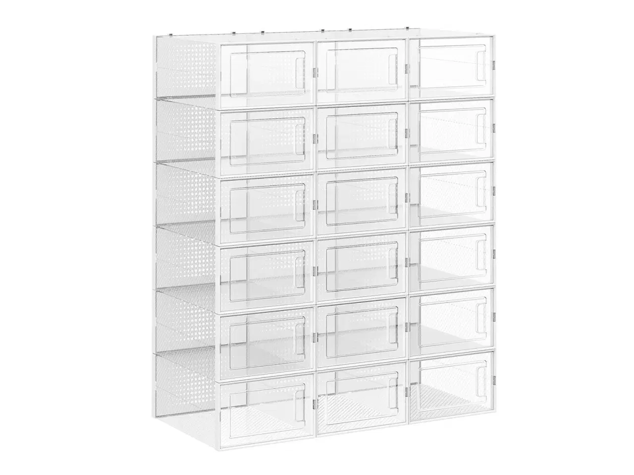 Billede 1 - Opbevaringsbokse til sko 18 stk. stabelbare, gennemsigtige med frontlåge, sammenklappelige, passer op til UK str. 10,5 – hvid/transparent