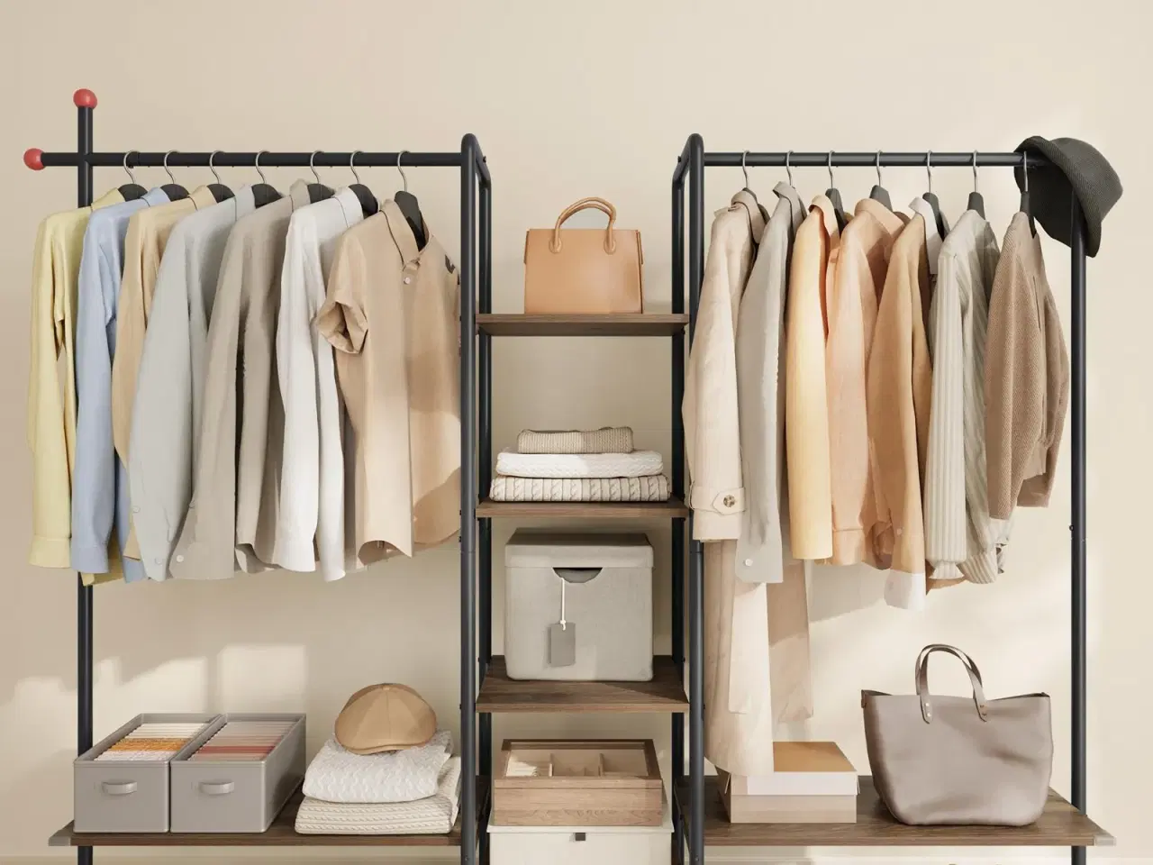 Billede 4 - Tøjstativ med hylder HOME, 2 bøjlestænger, 6 opbevaringshylder, kroge, natur valnød/sort