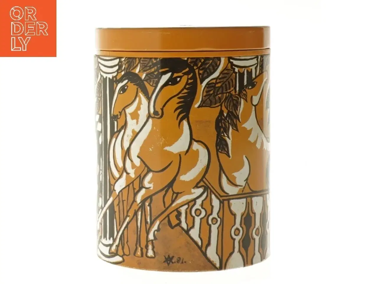 Billede 1 - Dekorativ rund metaldåse med heste IRA (str. Ø 11,5x cm højde 15 cm)