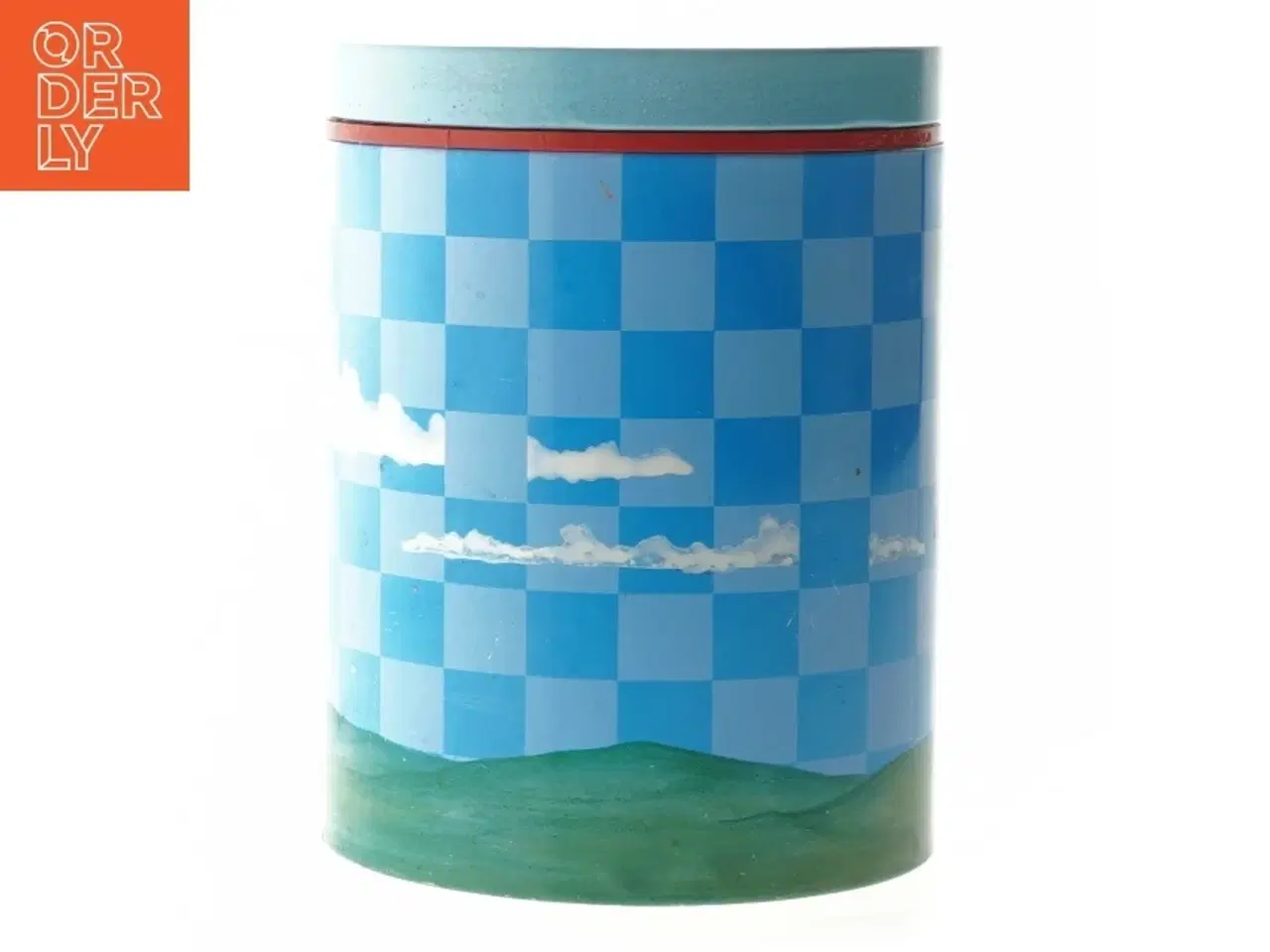 Billede 1 - Retro irma kunstdåse Blå opbevaringsdåse med skyer og landskab fra Irma (str. Ø 11,5 cm længde 15 cm)