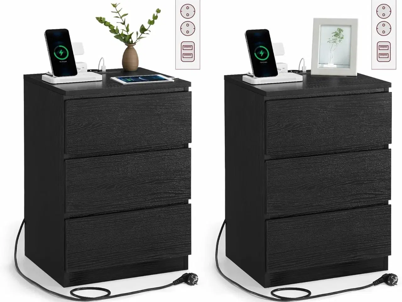 Billede 1 - Sengeborde med strøm sæt á 2, 3 skuffer, 2 stikkontakter & 2 USB-porte, ebensort