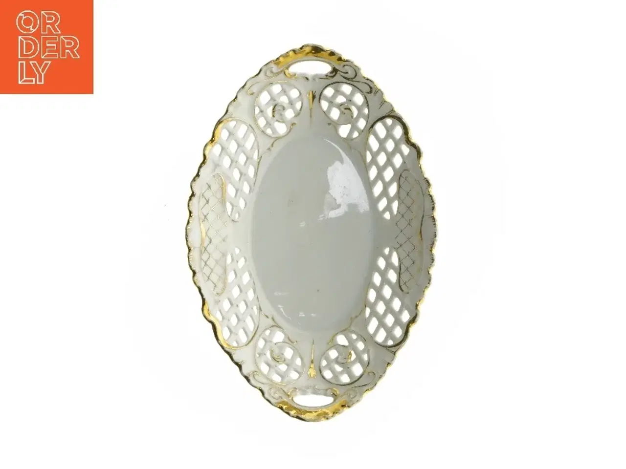 Billede 1 - Porcelænsskål med gennembrudt mønster og guldkant (str. 29 x 30 cm)