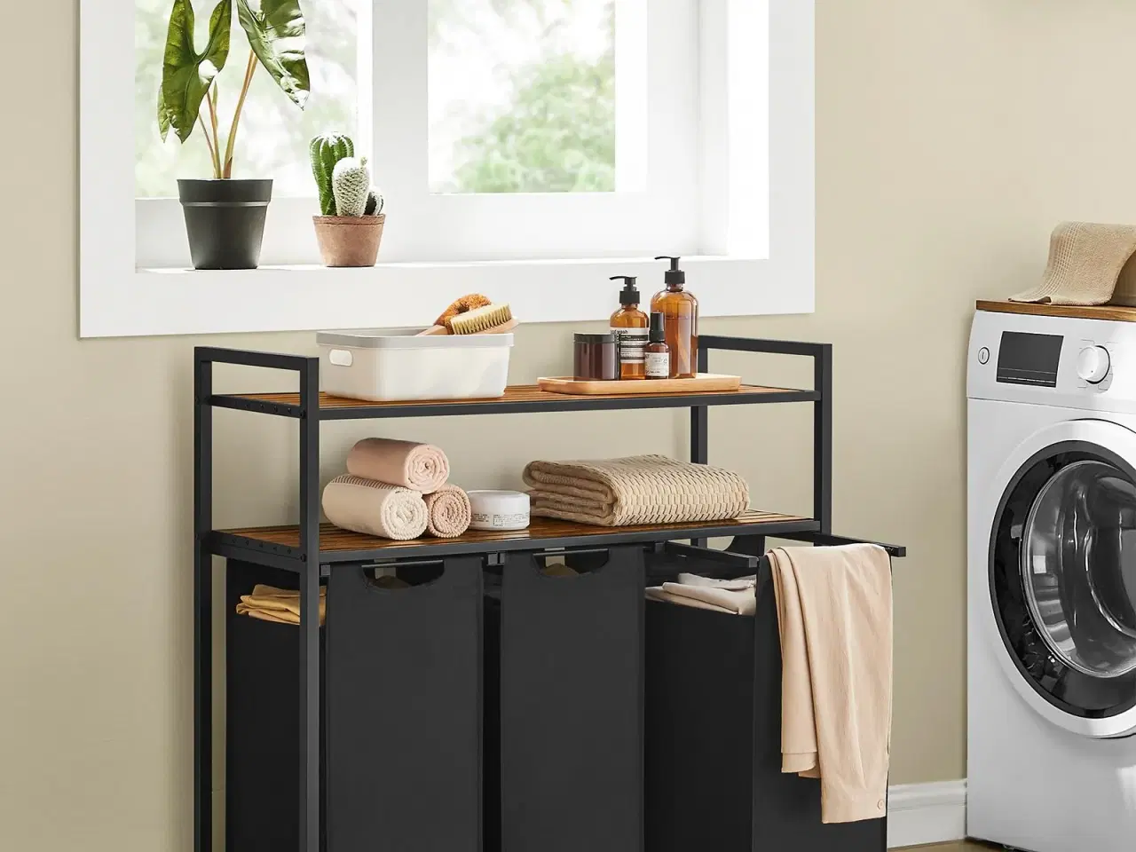 Billede 2 - Vasketøjssorterer med 3 udtagelige poser og 2 hylder – rustik brun/sort, 40 l pr. pose