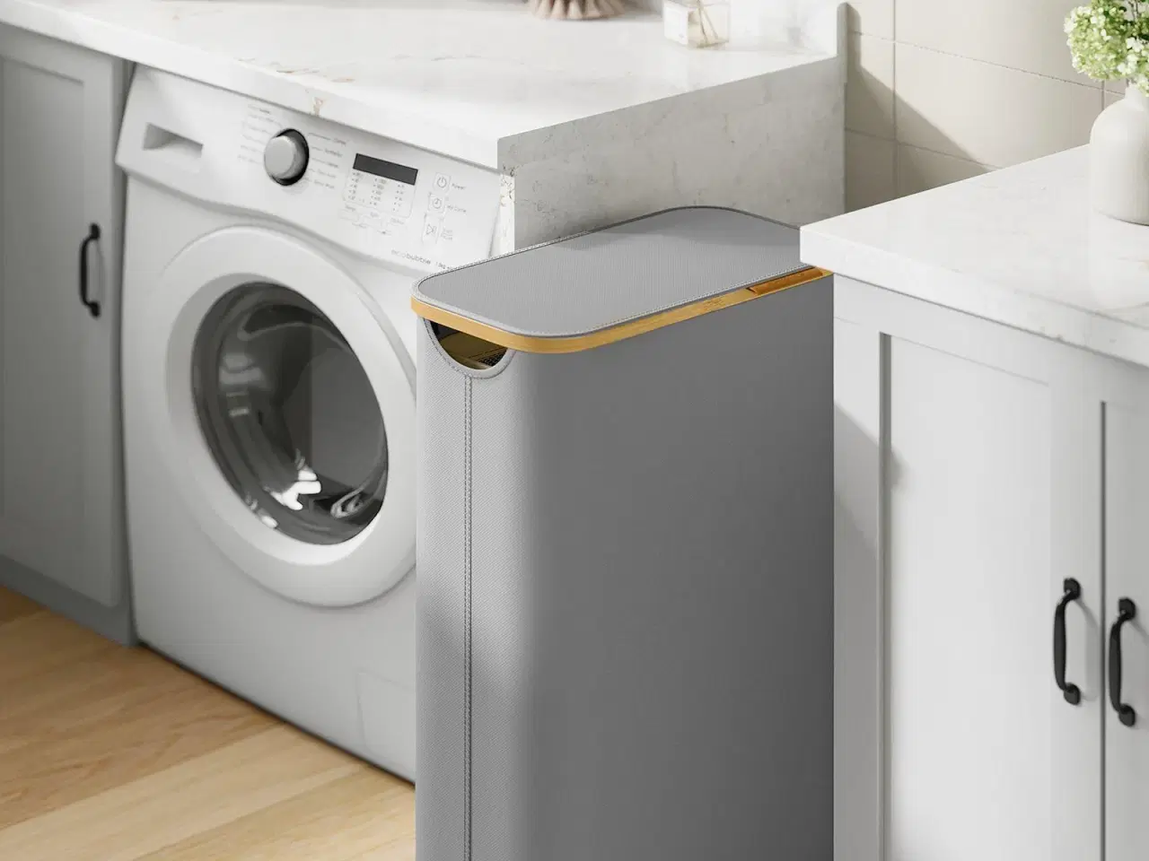 Billede 2 - Vasketøjskurv med låg 65 l slank model med aftagelig netpose, Oxford-stof, bambushåndtag, sammenklappelig, duegrå (42 × 22,5 × 70,5 cm)