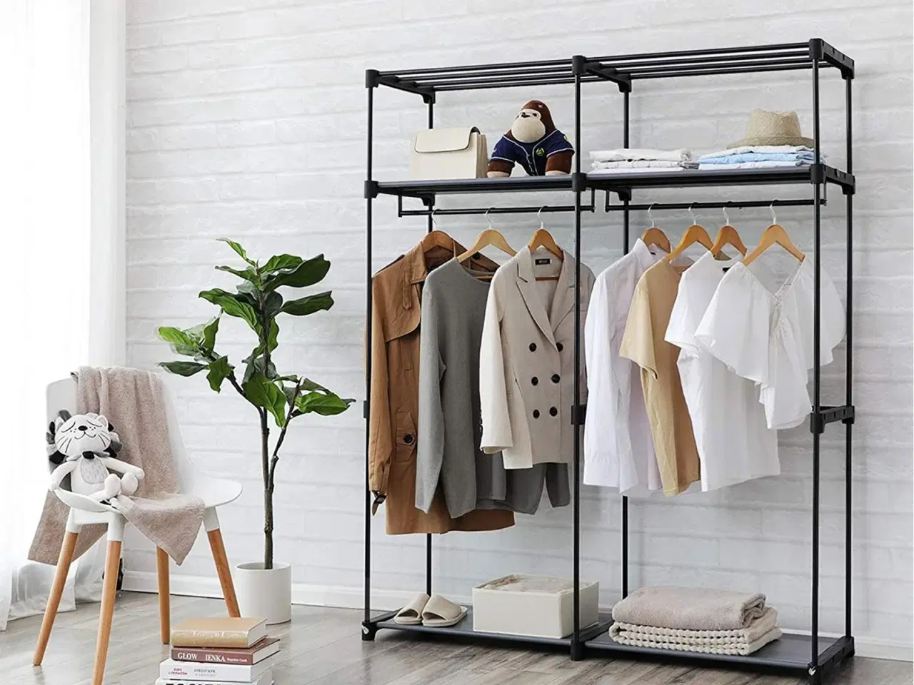 Billede 2 - Garderobeskab stof tøjskab med 2 bøjlestænger, sammenklappeligt, 140 × 43 × 174 cm, sort