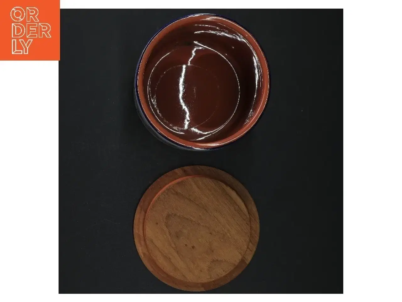 Billede 5 - Keramik tebeholder med trælåg (str. H. 13 cm. ø. 11,5 cm)