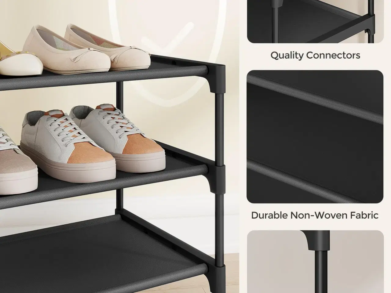 Billede 3 - Skostativ med 3 hylder – pladsbesparende skoreol i metal med non-woven hylder, ink black