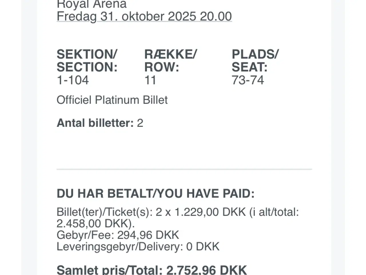 Billede 1 - Benjamin Hav billetter Royal Arena 31.10 x 2