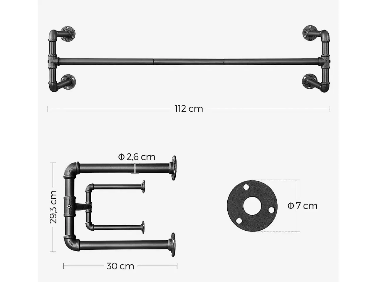 Billede 4 - Tøjstativ til væg sæt á 2, industriel rørstang, pladsbesparende, 110 × 30 × 29,3 cm, max 60 kg pr. stativ, sort HSR64BK-02