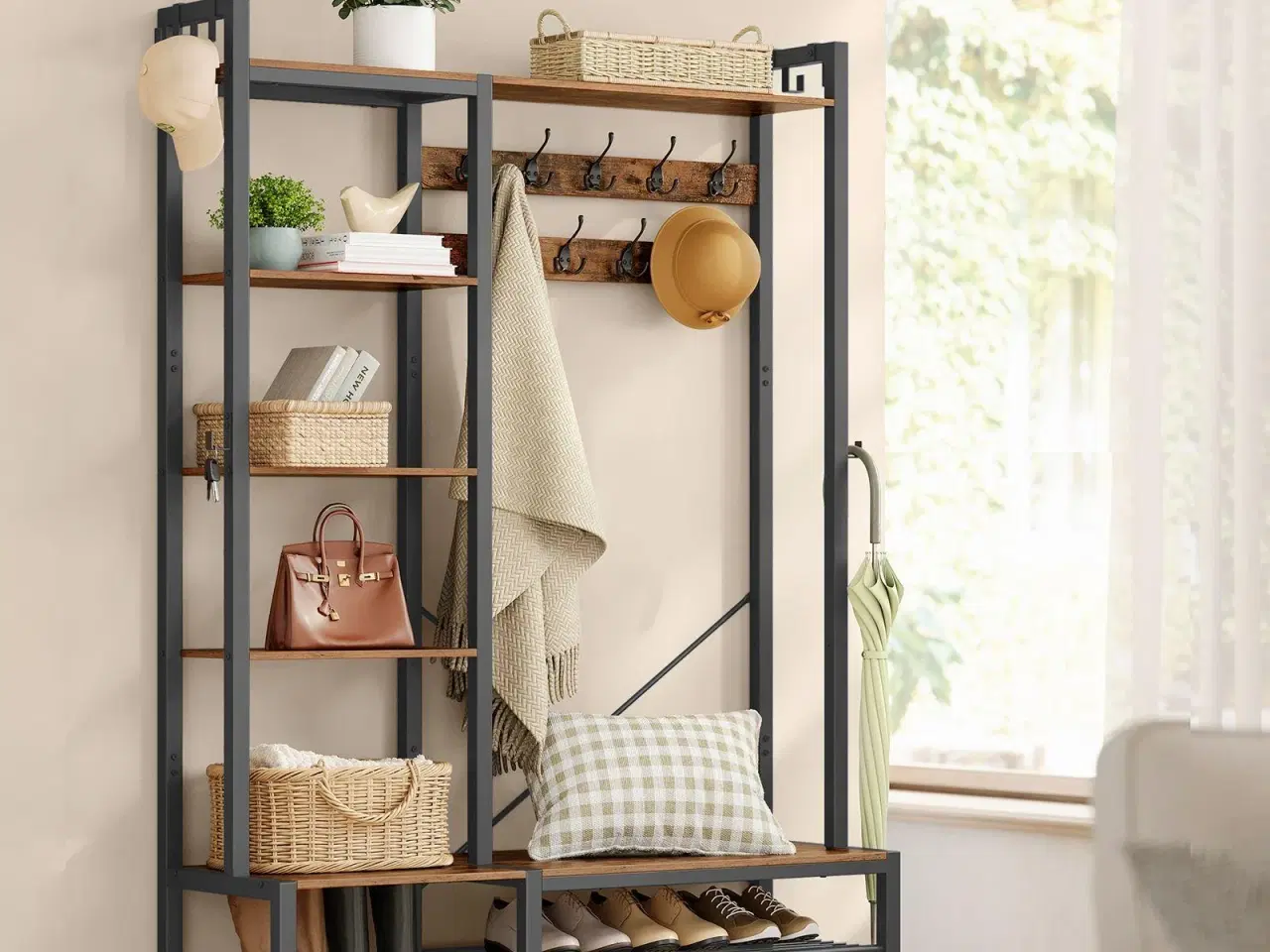 Billede 3 - Entrémøbel med bænk og skohylde 140 × 120 × 190 cm, vintagebrun/sort