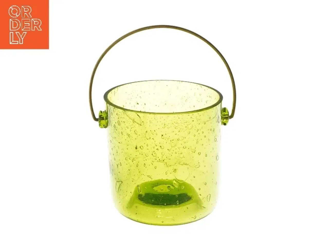 Billede 1 - Lille rund glasbeholder med messing hank (str. Ø 11 cm længde 11 cm)