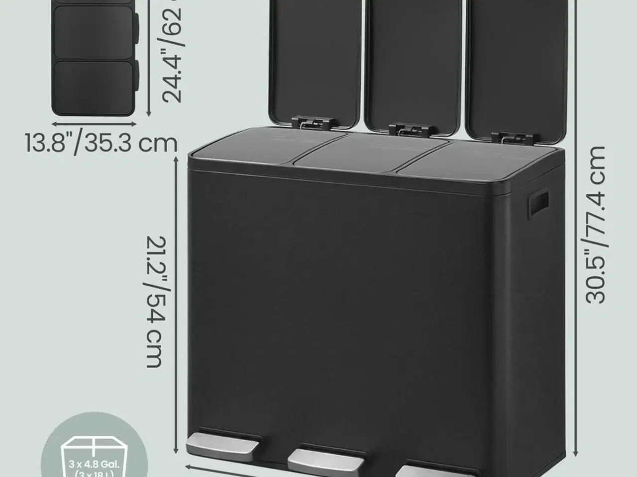 Billede 3 - Skraldespand med 3 rum 3 × 18 l – stål, soft close – sort