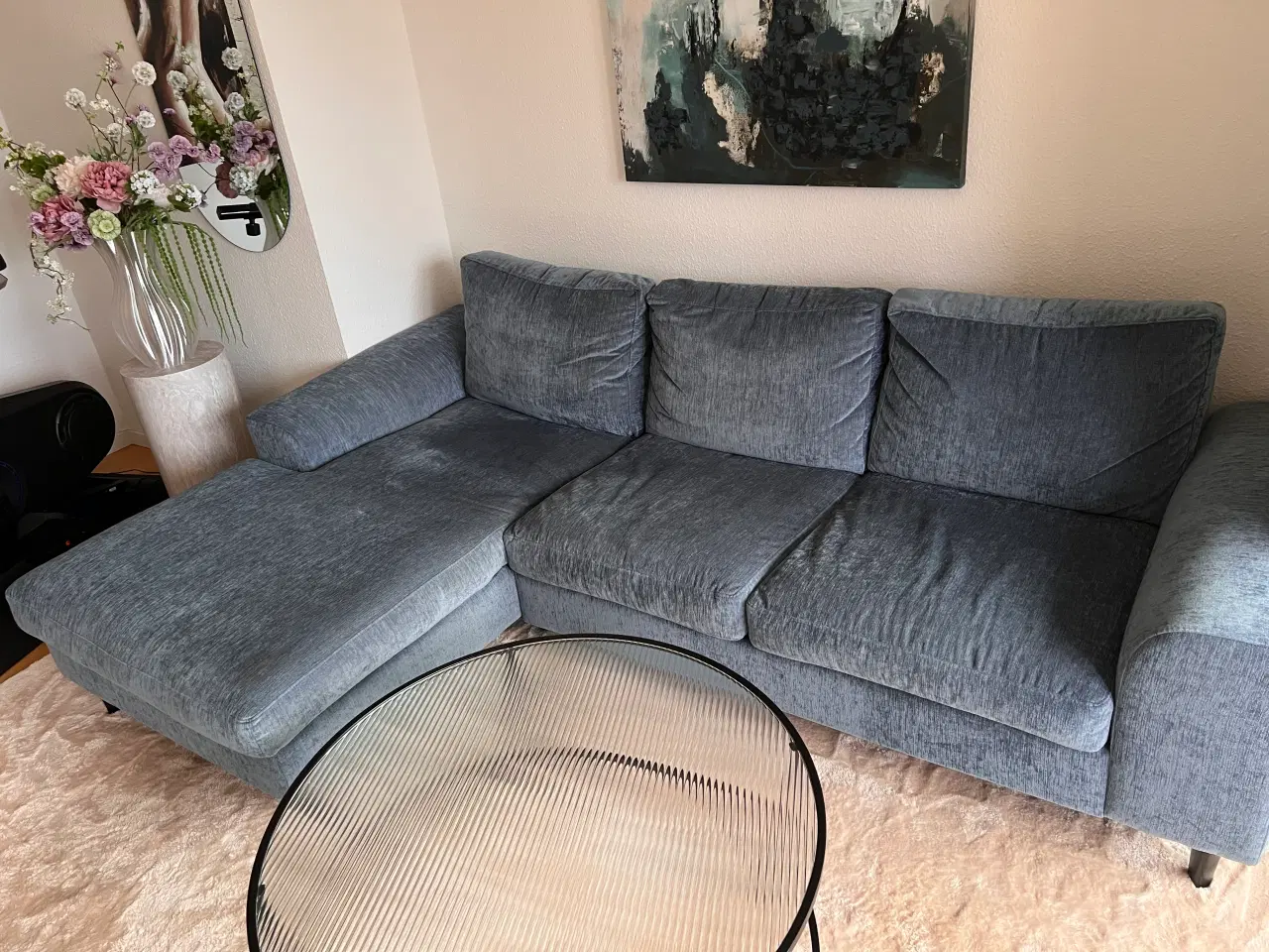 Billede 1 - Blå stof sofa med chaiselong venstrevendt. 