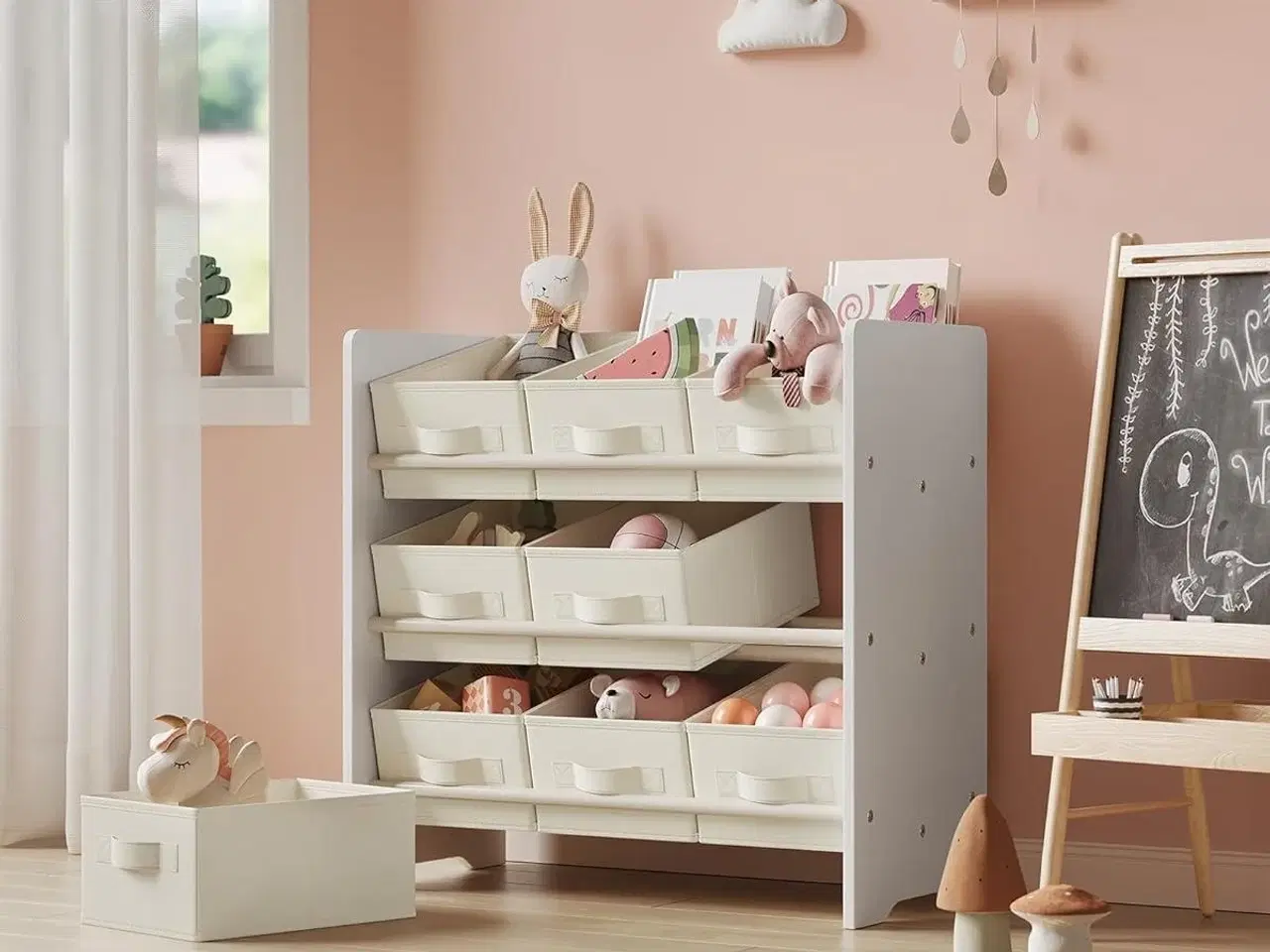 Billede 4 - Legetøjsreol med stofkasser 3 niveauer, 9 kasser, Cloud White, 29,5 × 62,5 × 60 cm