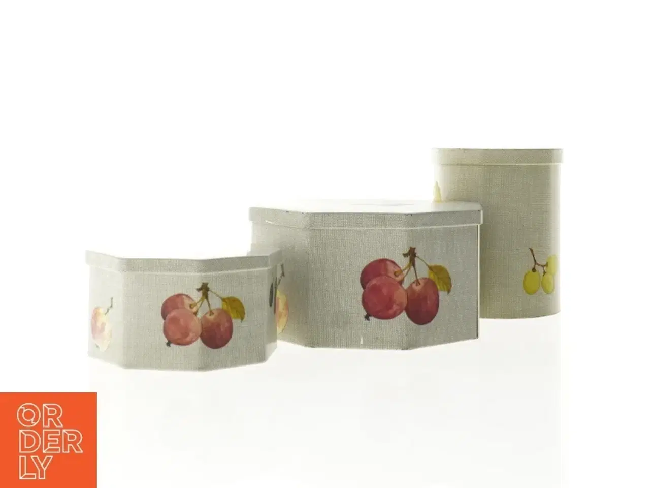 Billede 5 - Vintage kasedåser med frugtdekoration - 3 stk (str. 7 cm 10 cm og 14 cm høje)