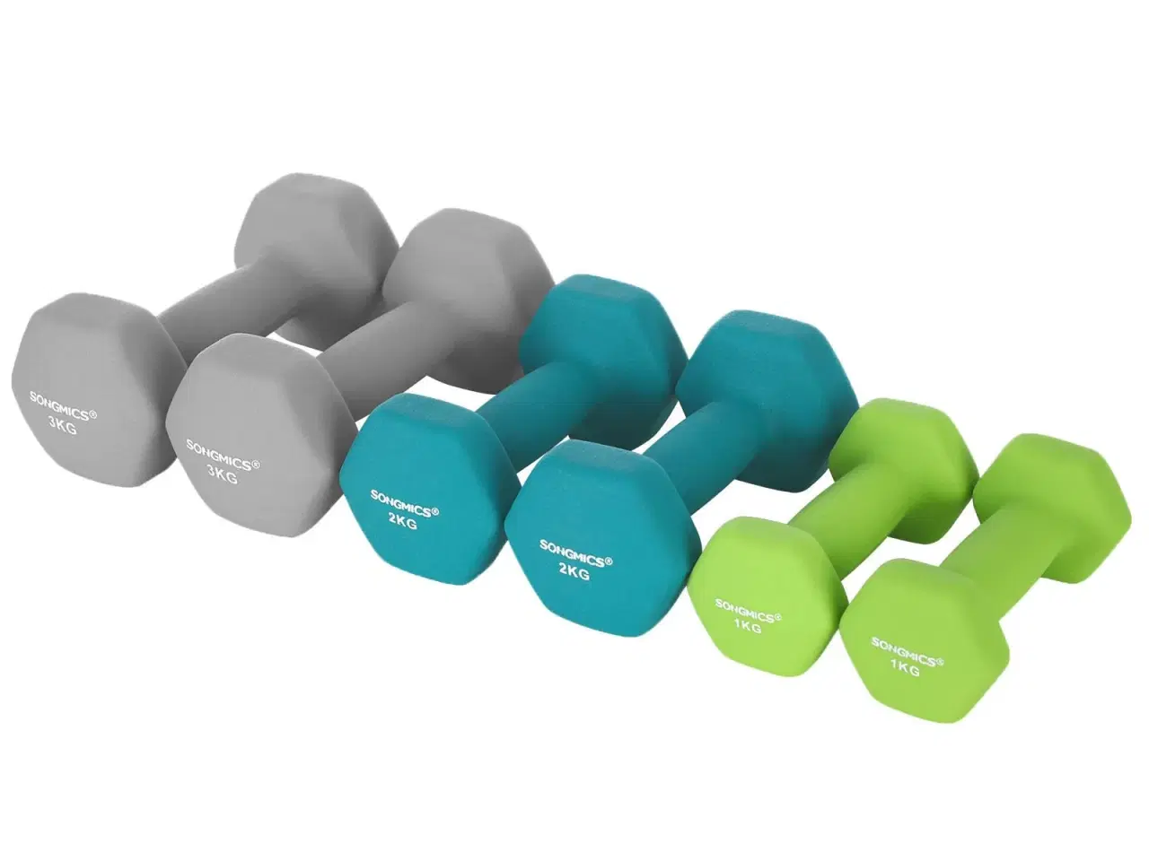Billede 5 - Håndvægte sæt med stativ – SONGMICS Hex, 2 x 1 kg, 2 x 2 kg, 2 x 3 kg, neopren, lime/teal/lysegrå