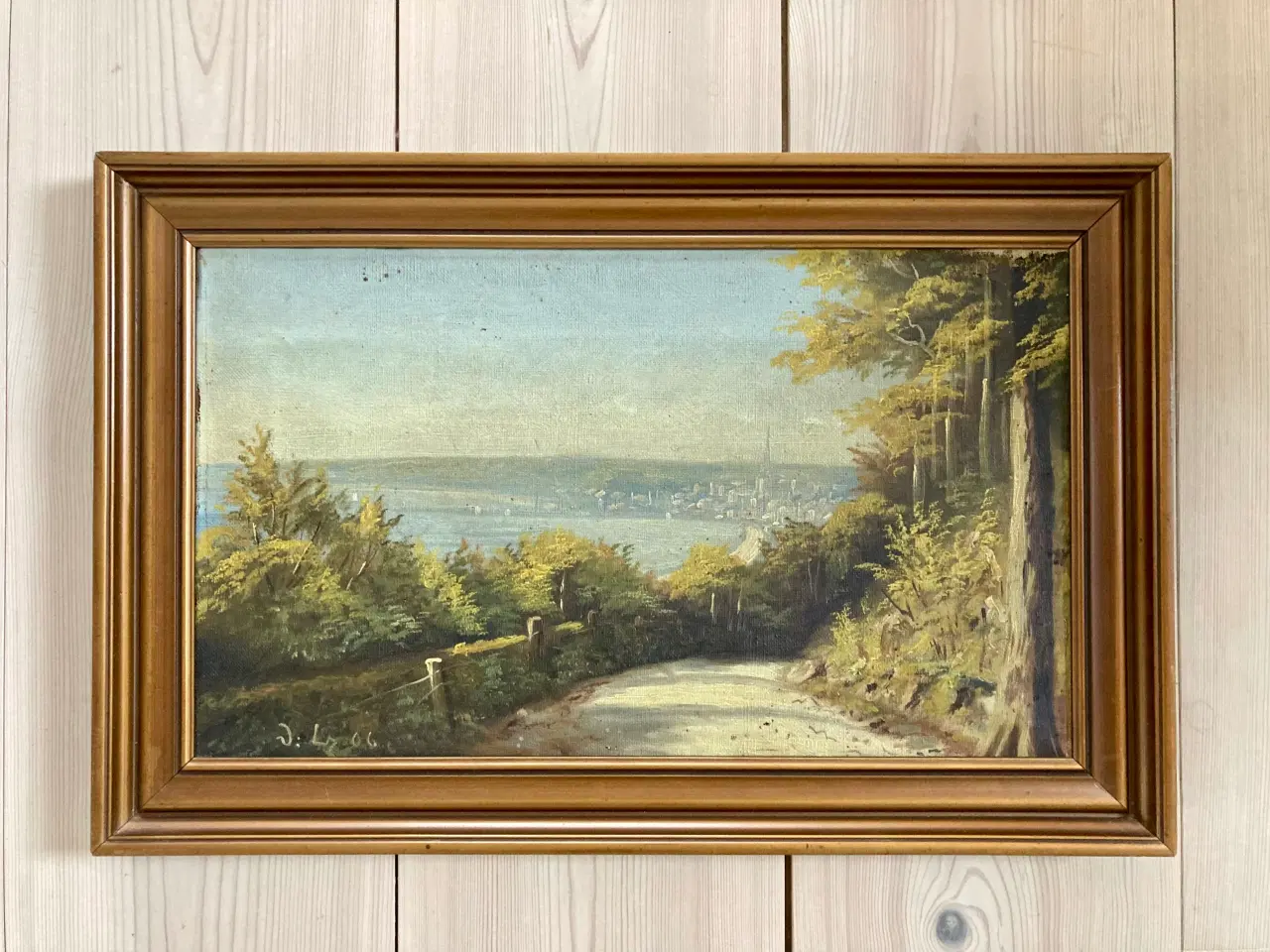 Billede 1 - Lille ældre landskabsmaleri olie på lærred med træ
