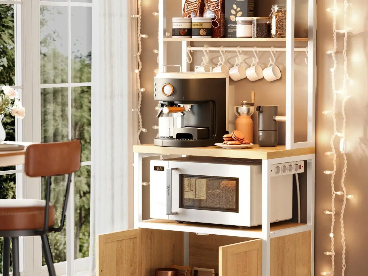 Billede 4 - Kaffebar med ladestation - køkkenreol med skab, gylden eg/hvid