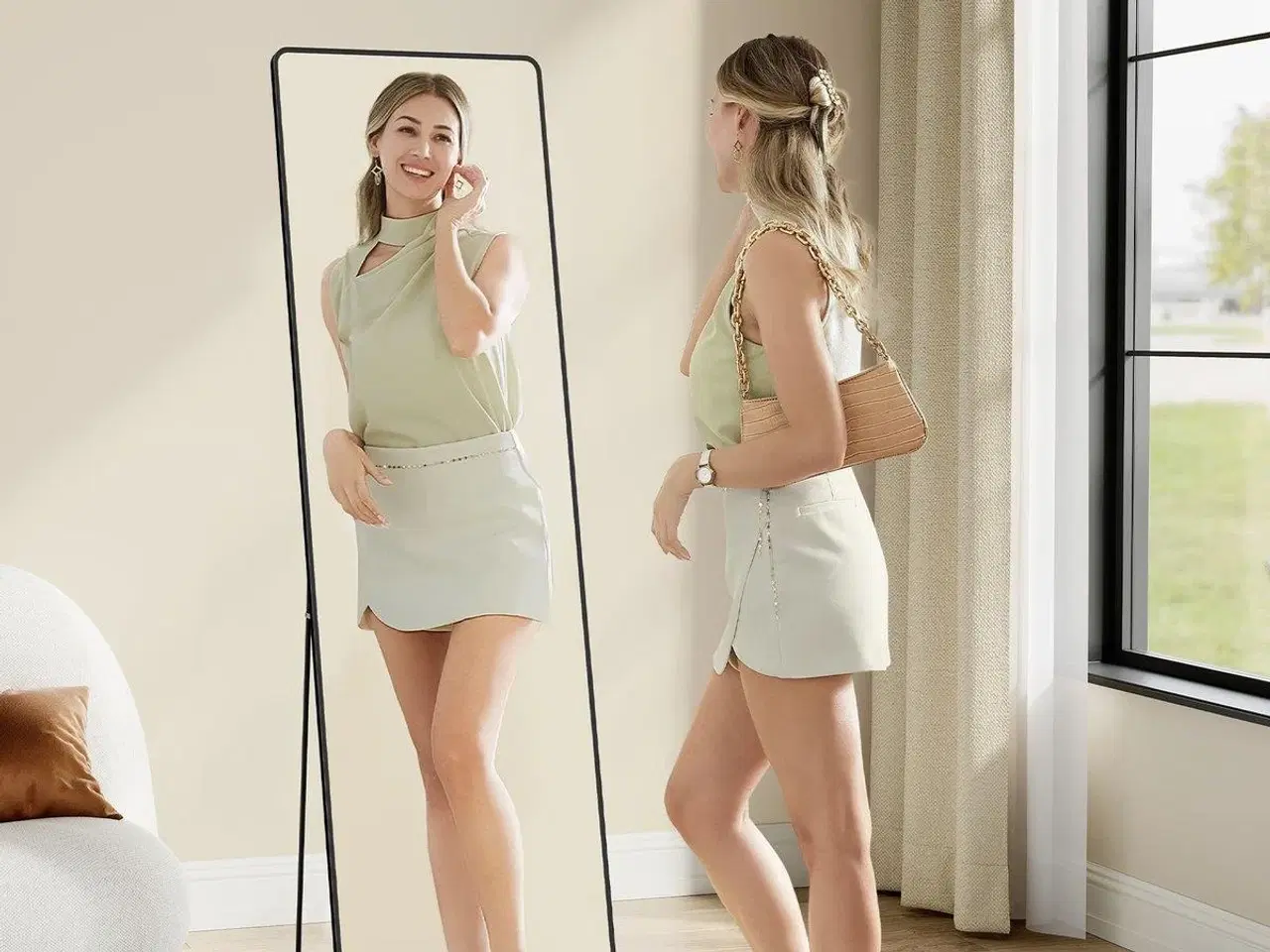 Billede 6 - Gulvspejl fuld længde 160 × 50 cm rektangulært med støtteben, hærdet glas, aluminiumsramme, ink black