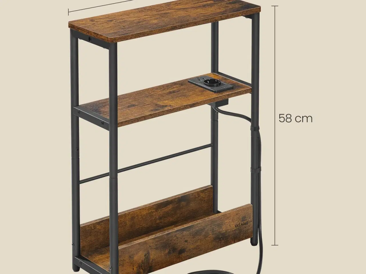 Billede 6 - Sidebord med strømudtag slim 3-etagers, tidløst rustikt brun/sort