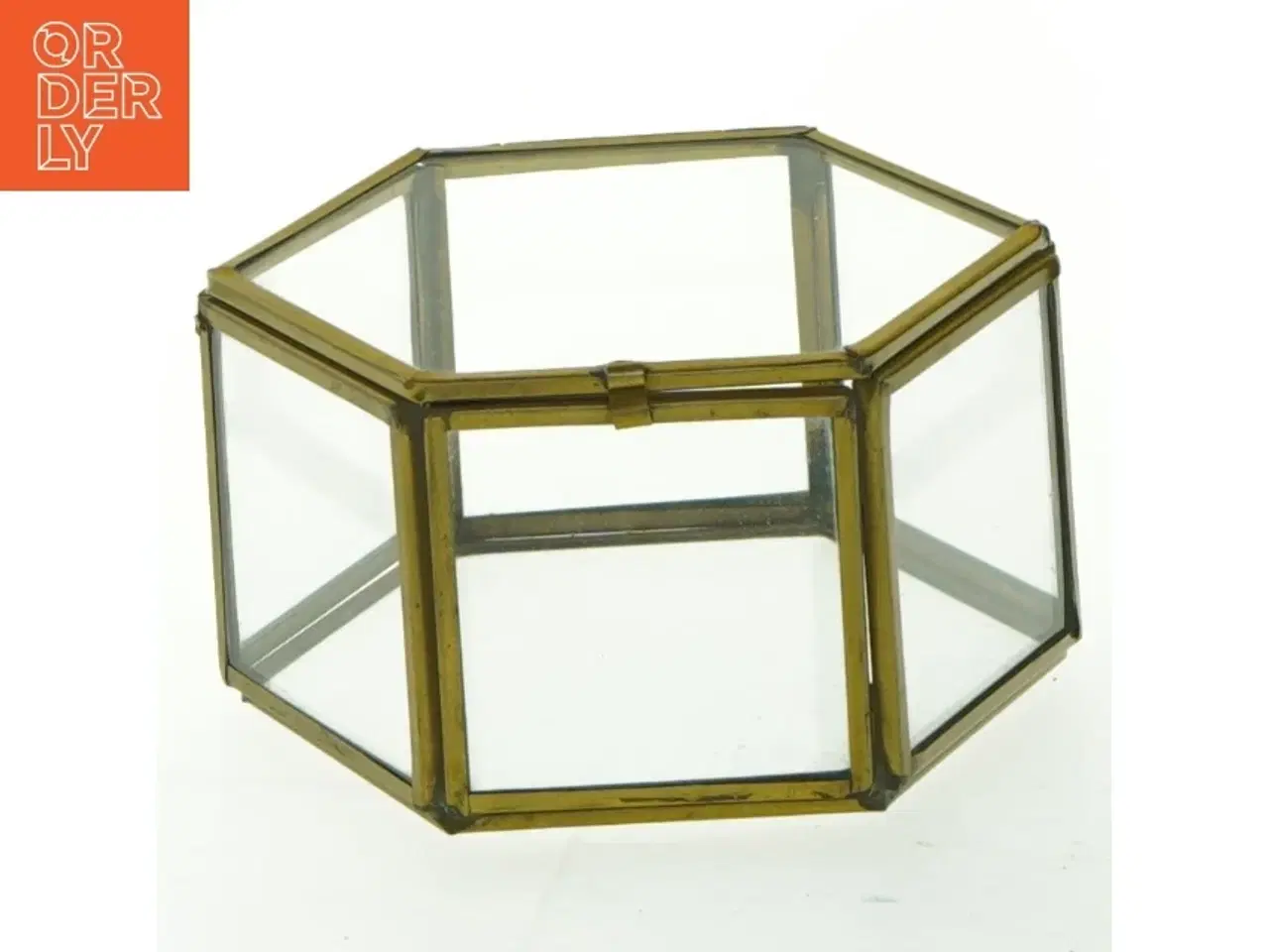 Billede 1 - Hexagon glasbeholder med messingramme (str. Ø 9,5 cm)